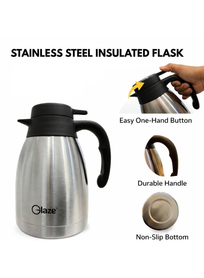 جليز ترمس حراري بسعة 2 لتر مع عزل مفرغ من الهواء، إبريق من الستانلس ستيل بزر ضغط، يحافظ على المشروبات ساخنة وباردة لساعات، مانع للتسرب، مثالي للقهوة والشاي للاستخدام في المنزل والمكتب والسفر - Image 2